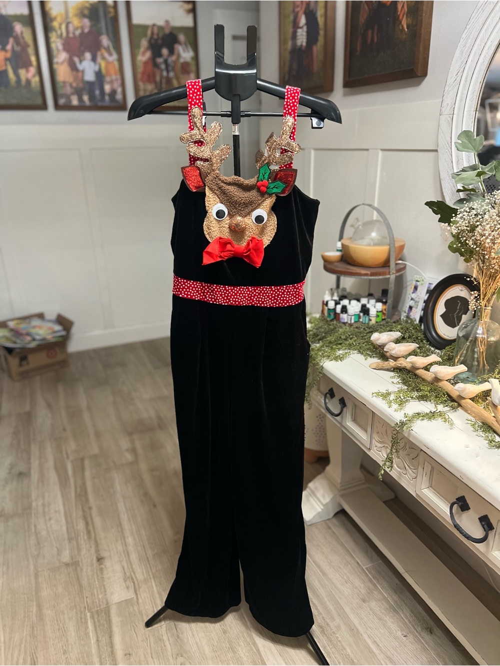 Black Velvet Reindeer One-Piece with Festive Red Accents